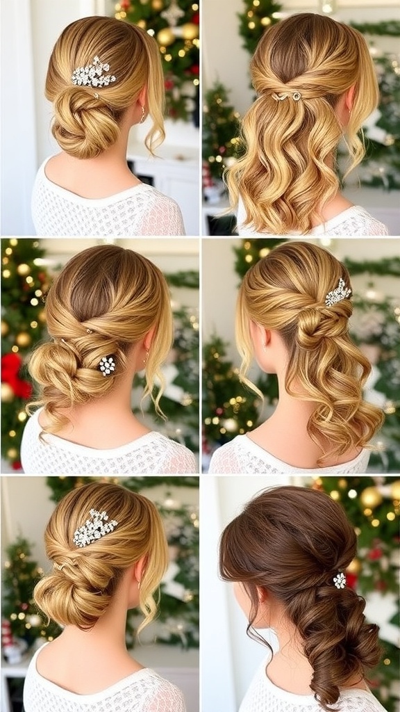 Elegant Christmas Hairstyles Without Braids A collection of elegant Christmas hairstyles including a low bun, loose waves, half-up twisted style, sleek ponytail, and side-swept curls, decorated with festive accessories.